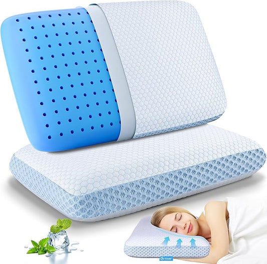 QUTOOL Memory Foam Pillows 2 Pack, Ventilated Bed Pillow with Cooling Washable Cover, Cervical Contour Pillow for Side Back Sleeper, Blue White