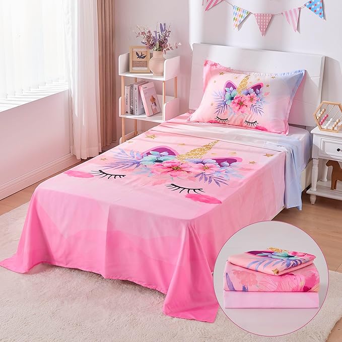 VIVILINEN Twin Size Bed Sheets Set for Kids Girls 3 Piece Pink Unicorn Kids Sheets Set Toddler Twin Bedding Set Include Flat Sheet, Deep Pocket Fitted Sheet and Pillowcase