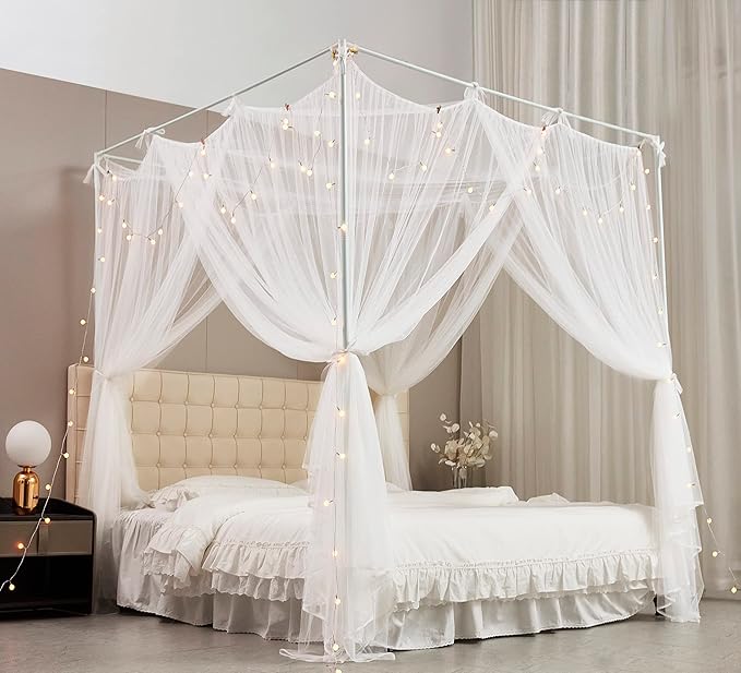 Mengersi Canopy Bed Curtains Bed Canopy with Lights for Girls, Bed Netting Unique Style 4 Door Mosquito Net for Adults Women Bedroom Decor (White+Lights, King)
