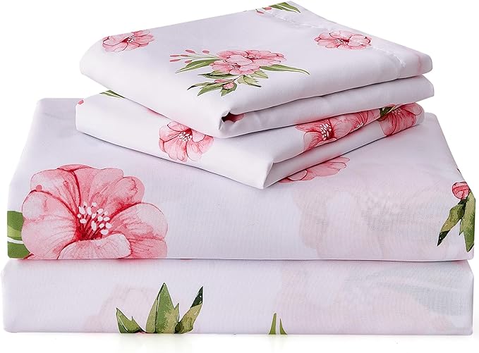 Queen Sheet Set White Pink Floral Bed Sheets Set Cute Soft Microfiber Cooling Sheets 4 Pieces Queen Size Bed Set Wrinkle Free, 15 inch Deep Pocket Fitted Sheet, Flat Sheet, Pillowcases