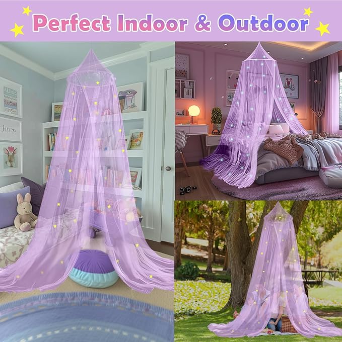 Daksha Purple Princess Bed Canopy for Girls with Glowing Stars, Ceiling Tent for Kids, Fits Twin, Full, and Queen Size Beds, Suitable for Indoor Room Decor and Outdoor Use