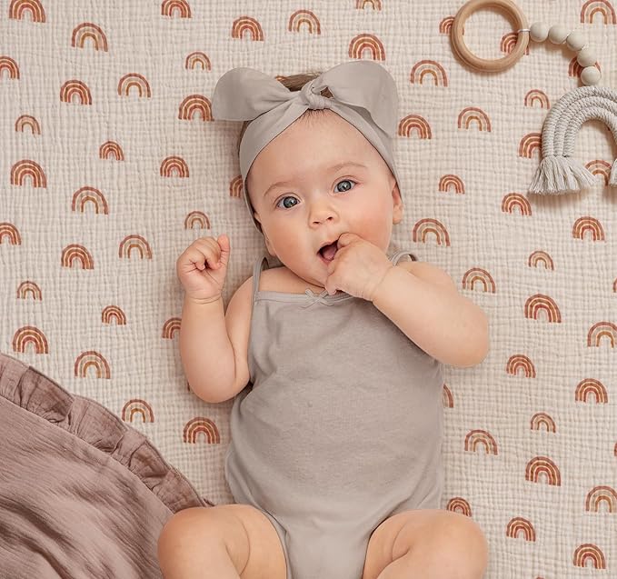 Blissful Diary Muslin Mini Crib Sheets, Pack and Play Mattress Sheets Fitted for Pack N Play, Soft Cotton for Boys Girls, 2 Pack(Dusty Pink&Rainbow)