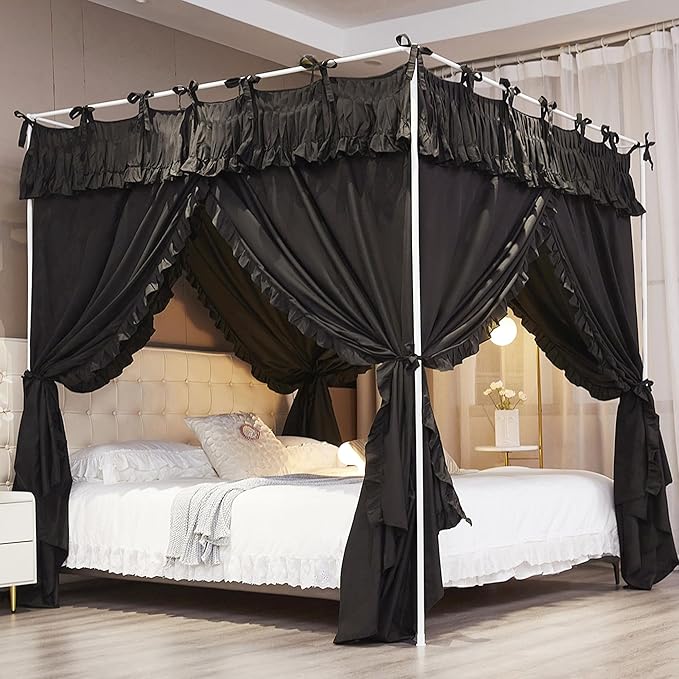 Ruffle Lace up 4 Corners Post Princess Curtain Bed Canopy Cozy Breathable Mosquito Net Cloth for Girls Adults Bedroom Decoration (Black, 59" W*82" L*82" H/Queen)