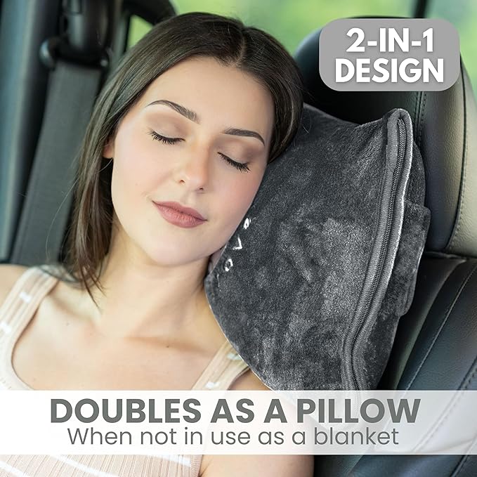 Resty Travel Blanket - Compact Airplane Blanket with Bag - Small and Lightweight Traveling Blanket & Pillow - Portable Blankets with Carabiner for Easy Transport - Plane Train Car (Deep Gray)