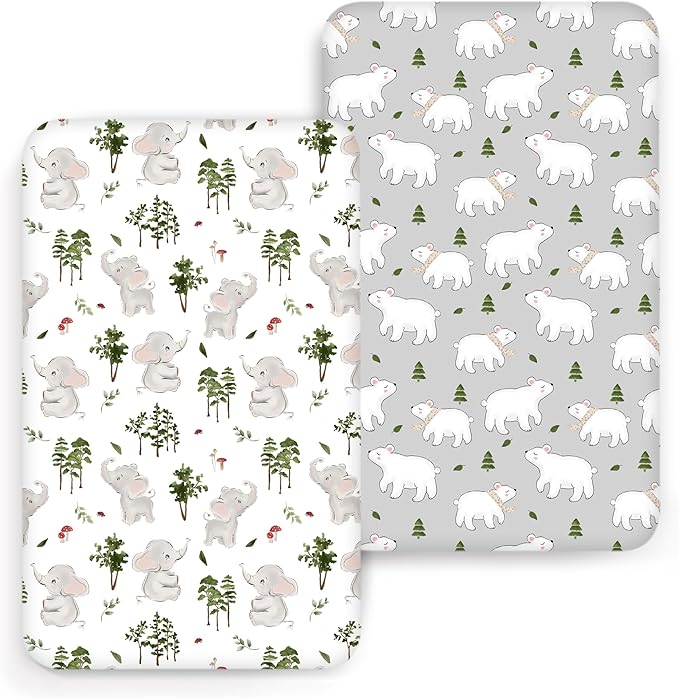 ACRABROS Crib Sheets for Girl Boy: Stretchy Baby Fitted Crib Mattress Sheets Sets 2 Pack Standard Size Ultra Soft Neutral, Elephants&Polar Bears