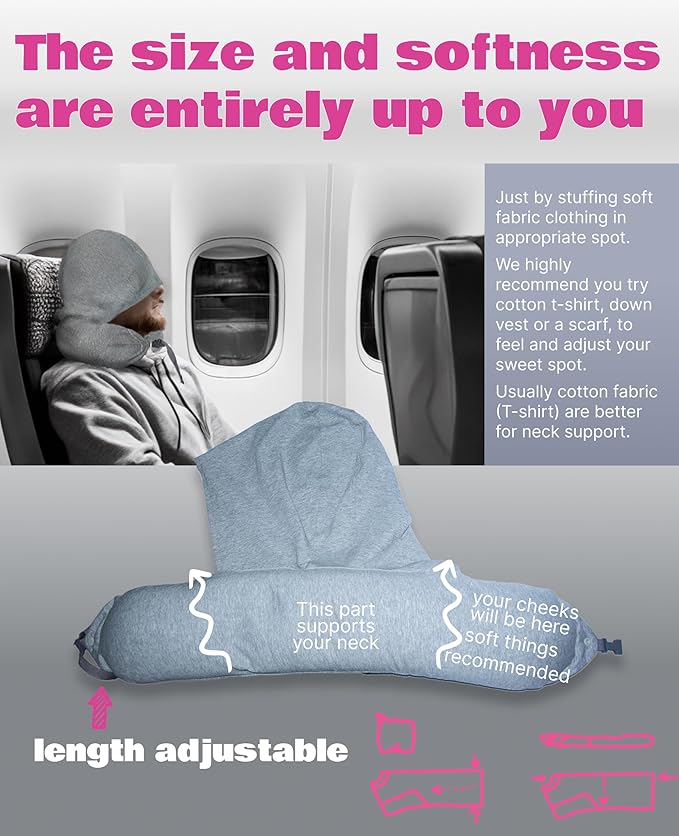 Stuffable Travel Pillow Holds Extra Cloth,Light Blocking 2-Way Hood, Collapsible Cotton Neck Pillow for Airplane Train and Long Trip Carry (Gray)