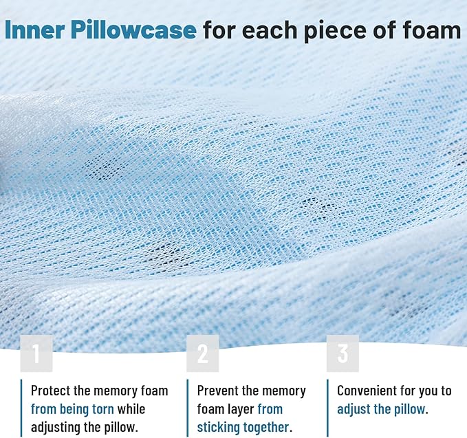 Cervical Neck Thin Pillow Flat Firm Memory Foam Adjustable Pillows from 1.3 to 5.2inch for Stomach Side Back Sleeper with 2 Pillowcases (White+Basics)