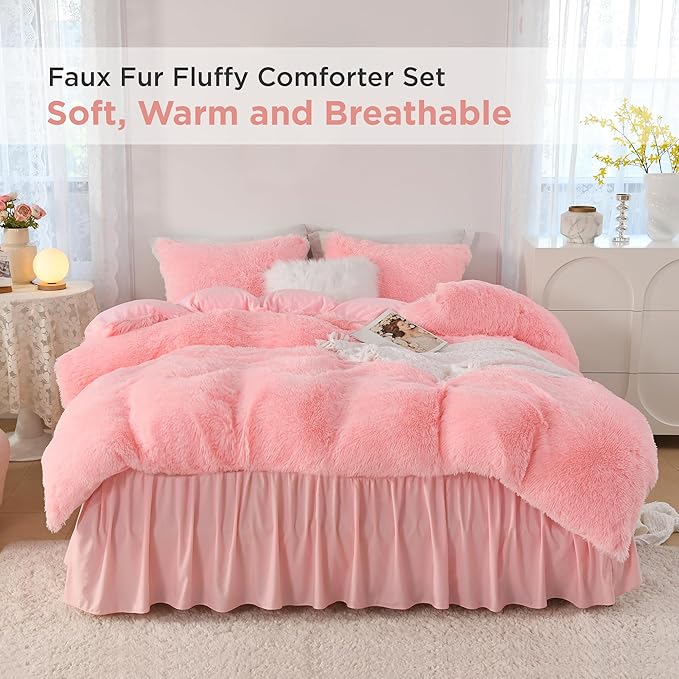 Litanika Pink Fluffy Comforter Queen Size, Luxury Shaggy Faux Fur Bedding Set Cute for Women Girls, Ultra Soft Velvet Fuzzy Comforter Queen Bed 3 Pieces(1 Plush Comforter 90×90 Inch, 2 Pillowcases)
