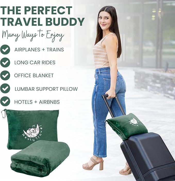 Resty Travel Blanket - Compact Airplane Blanket with Bag - Small and Lightweight Traveling Blanket & Pillow - Portable Blankets with Carabiner for Easy Transport - Plane Train Car (Forest Green)
