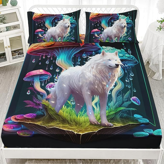 AILONEN White Wolf Fitted Sheet Set Queen Size, Cartoon Mushroom and Cute Wolf Bed Sheet Set,3 Pieces Rain Mushroom Fitted Sheet with 2 Pillowcases for Boys Girls
