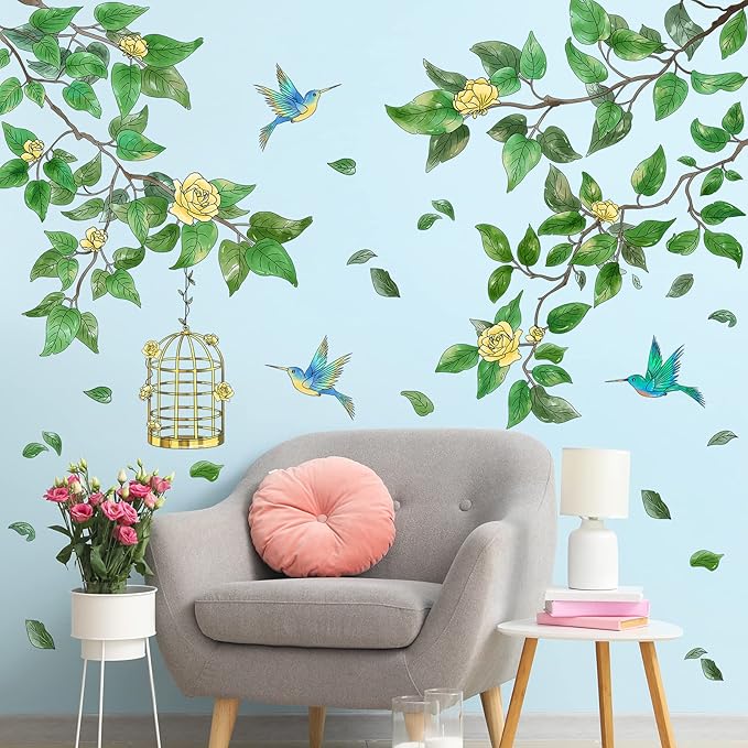Amaonm Removable PVC Two Tree Branches With Green Leaves wall Sticker DIY Peel and Stick Flower and Birds Wall Decals Decor for Kids Girls Boys Bedroom Living Room Nursery Classroom Playroom Wall Background Decoration