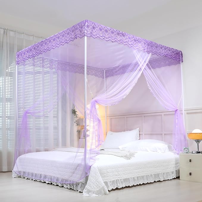 Bed Canopy, Princess Bed Curtain Net for Girls & Adults，Three-Doors Rectangle Lace Dome Netting (Purple, Queen)