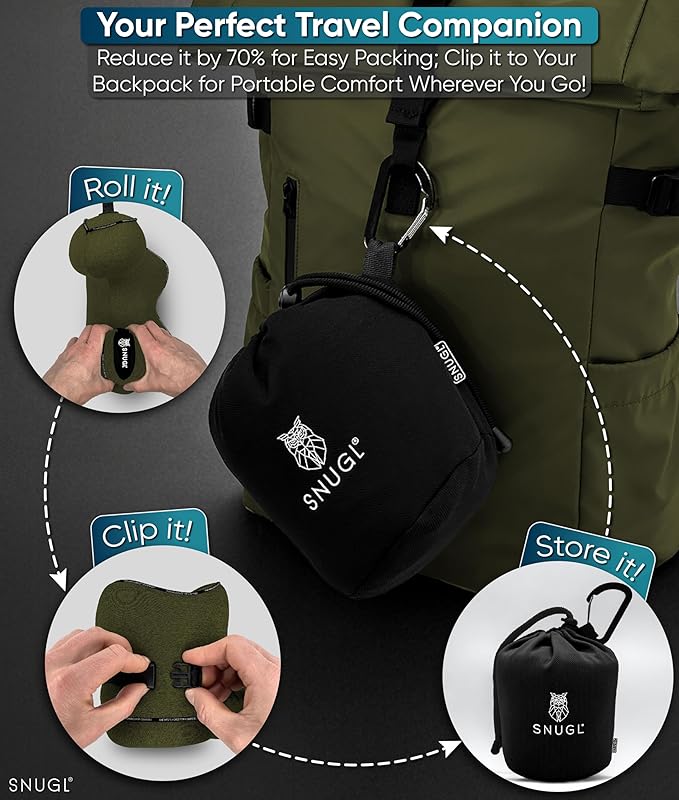 SNUGL Neck Travel Pillow - Memory Foam Airplane Pillow - Flight Pillow | Neck Support Travel Pillow with Carry Bag & Clip | Neck Pillows for Sleeping Travel Plane | Flying Travel Essentials - O.Green