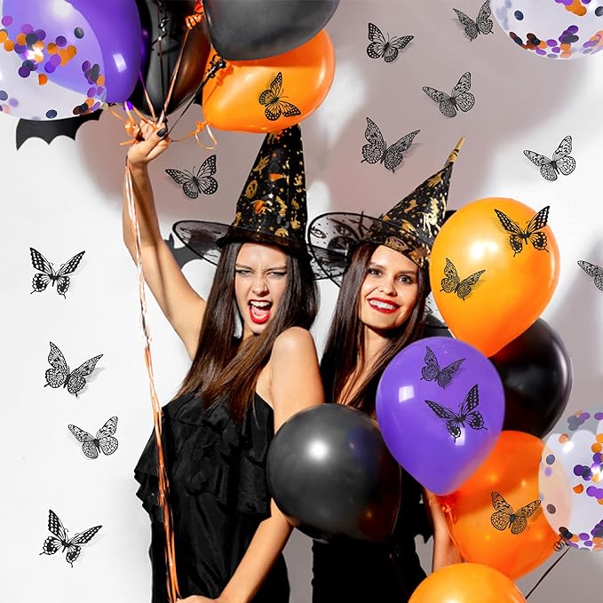 SAOROPEB 3D Butterfly Wall Decor 48 Pcs 4 Styles 3 Sizes-Butterfly Birthday Decorations&Butterfly Party Decorations&Butterfly Cake Decorations-Removable Gold Butterfly Decorations (Black)