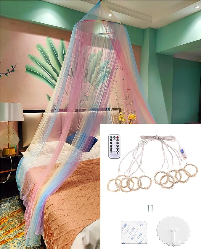 Eimilaly Princess Rainbow Bed Canopy with 250pcs Warm White Curtain Lights, Bed Canopy for Girls Room Decor or Unicorn Theme Party