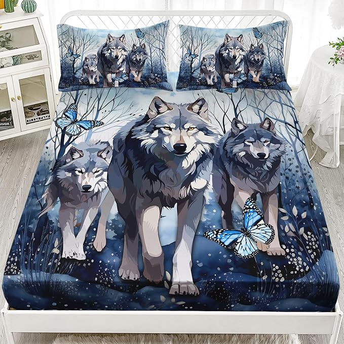 AILONEN Wolf Fitted Sheet Set Twin Size for Boys Girls Animal Wolf Wildlife Bed Sheet Set,Tie Dye Wolf Fitted Sheet with 2 Pillowcases,3 Pieces Safari Wolves Print Bed Sheet Set