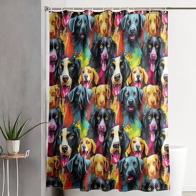 AILONEN Cartoon Dog Shower Curtain Set, Lovely Colourful Puppy Shower Curtain for Bathroom,Rainbow Gradient Puppy Waterproof Fabric Bath Curtain with Hooks,60" Wx72 H