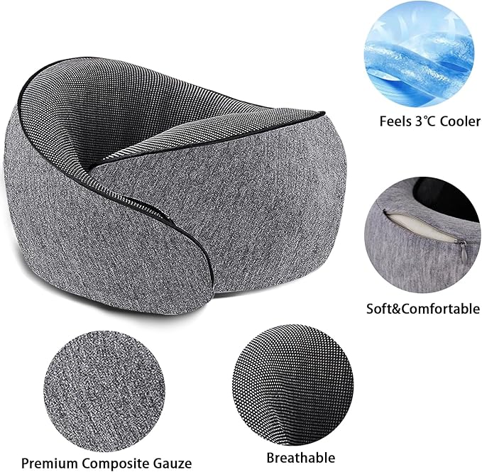 Travel Pillow 100% Pure Memory Foam,New Ergonomic Design 360°Adjustable Soft Neck Pillow,Travel Neck Pillow for Car and Airplane Travel,Neck Pillow for Traveling with Eye Masks and Earplugs(Grey)