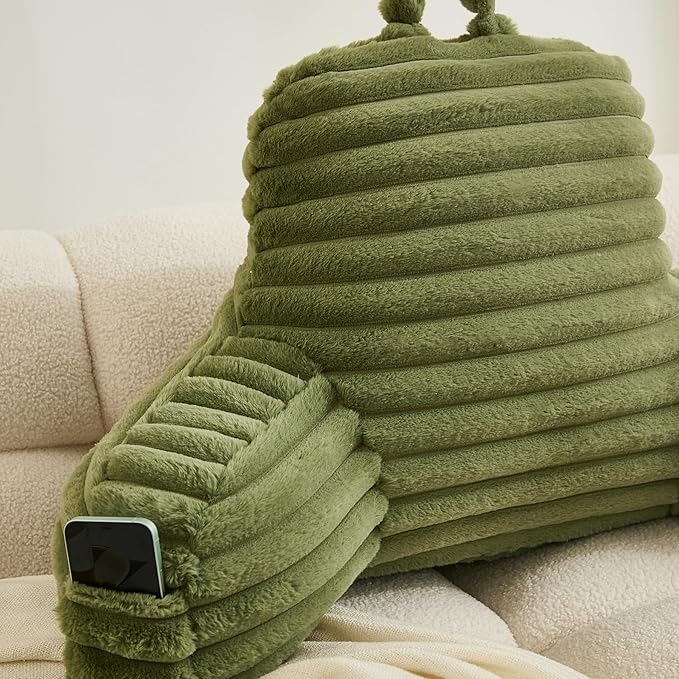 WERDIM Reading Pillow for Sitting in Bed, Faux Fur Back Pillow for Bed Rest, Bed Chair Pillow with Arms and Pockets(Standard, Sage)
