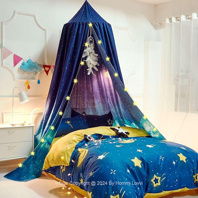 Ocean Print Kids Bed Canopy, Girls Princess Bed Canopy Dreamy Room Decor, Soft Hanging Reading Nook Play Tent Canopy, Extra Large Full Size Bed Canopy with String Light