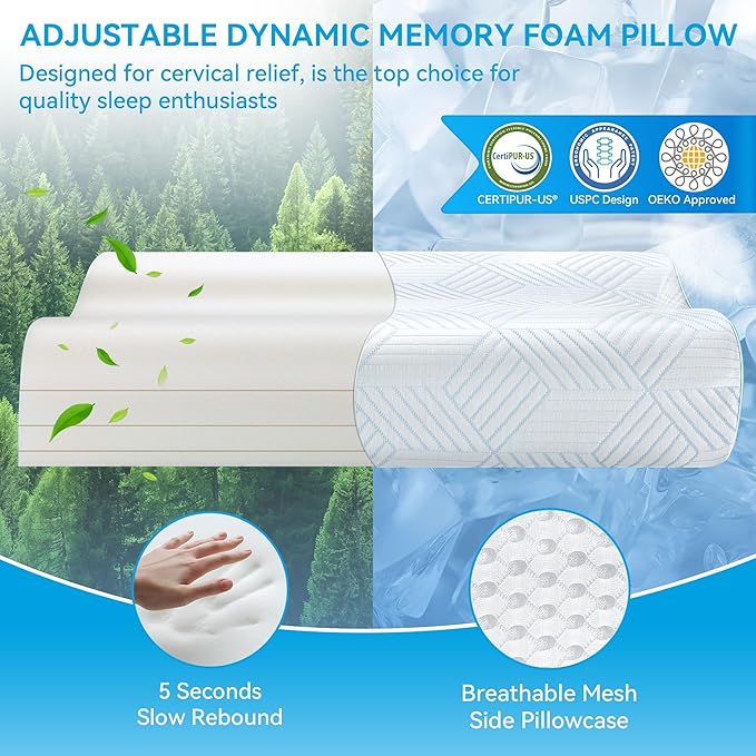 Cervical Neck Pillow for Pain Relief - 4-Layer Adjustable Contour Memory Foam Cooling Pillow for Sleeping, Cooling Ergonomic Pillow for Side Back Stomach Sleepers, Sandwich Pillow Queen Size