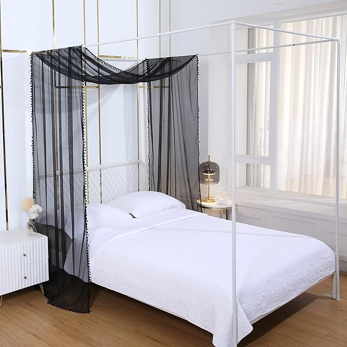 Akiky Pom Pom Canopy Bed Curtains Princess Bed Canopy Scarf for Full/Queen Metal Bed Frame,Wood Frame Bed-2 Panel Sheer Canopy Curtain(Black)