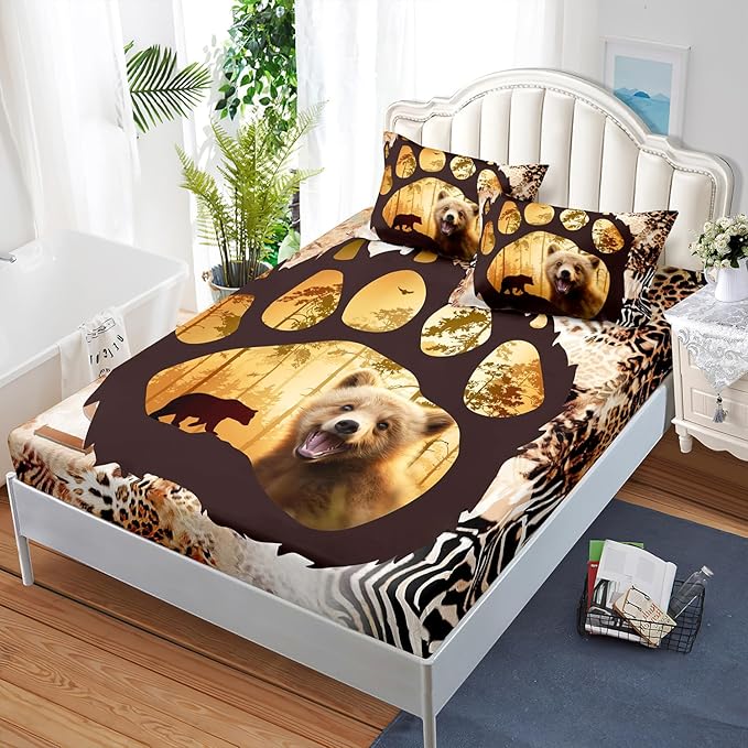 AILONEN Cute Bear Full Fitted Sheet Set for Girls Boys, Bear Paw Sheet Leopard Print Fitted Sheet with 2 Pillowcases,3 Pieces Rustic Vintage Bear Bed Sheet Set