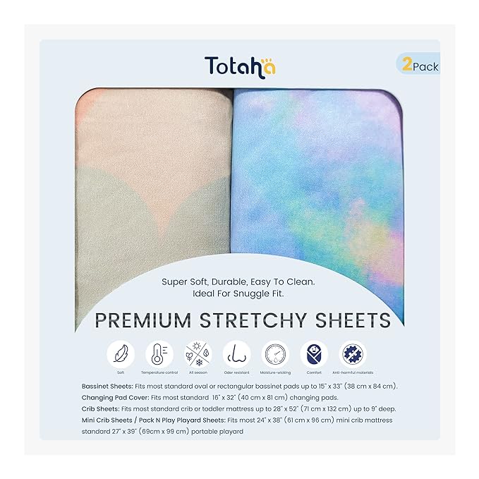 TotAha Premium Stretchy Crib Sheets (2-Pack)-Hypoallergenic, Silky Comfort, Buttery Soft, Calming Effect, All-Season Jersey-Knit Sheets, 28 X 52 X 9'' (Rainbow & Tie dye)