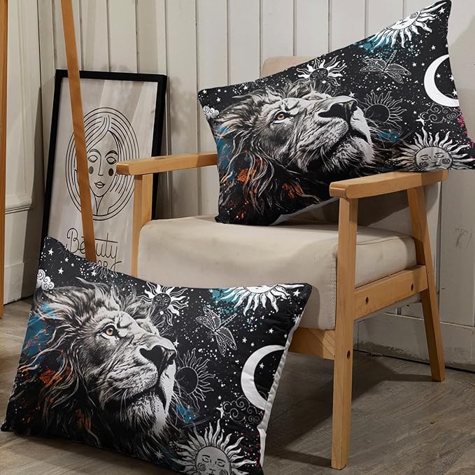 AILONEN Lion Print Full Size Fitted Sheet Set for Boys, Sun and Moon Bed Sheet Cover Set Full,3 Pieces Black and White Sheet Set Full Galaxy Lion Fitted Sheet with 2 Pillowcases