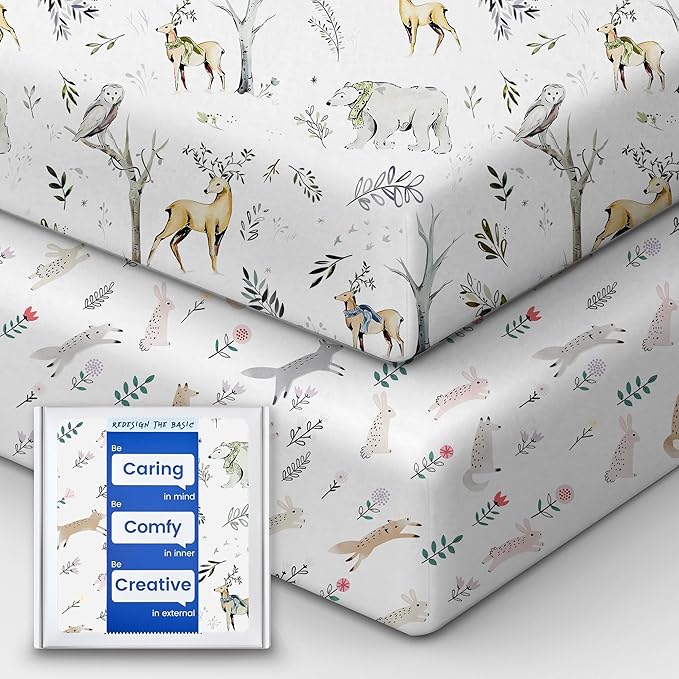 Boy Crib Sheets, TotBasic Premium Soft Crib Mattress Sheet Fitted, Ultra Breathable Crib Fitted Sheet, Super Stretchy Baby Bed Sheets 28''x52''x9'' Extra Deep Pocket (Woodland Deer & Rabbit Fox)
