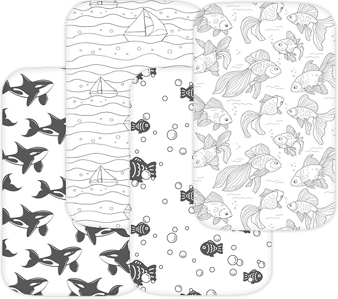 TansyPanda 33 x 20 Bassinet Sheets Compatible with Papablic, Maxi-COSI Iora, Baby Joy, and Many Other Bassinet Bedside Sleepers, 4PC, Ultra Soft, Breathable Snug Fit, Unisex Boys Girls (Ocean Fish)