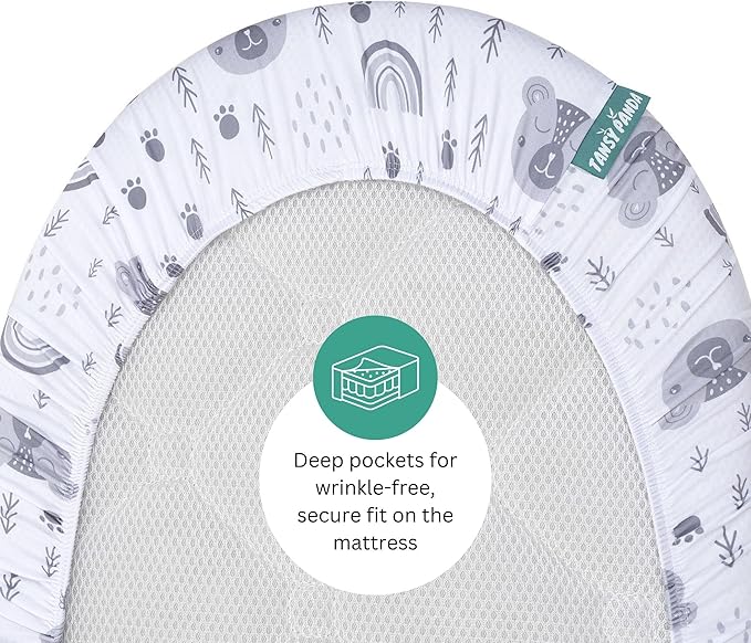 TansyPanda Bassinet Sheets for Angelbliss, Koolerthings, and Koola Baby Bassinet Bedside Sleeper, 3 Pack, 33x20 inch, Ultra Soft, Breathable, Snug Fit, Unisex Boys Girls, Gray White (Woodland Rainbow)