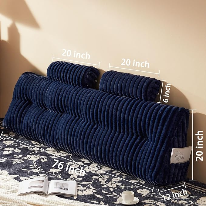 Faux Fur Headboard Pillow with 2 Pack Neck Roll Pillow Large Headboard Pillow Soft and Supportive with Removable Cover (Blue, King)