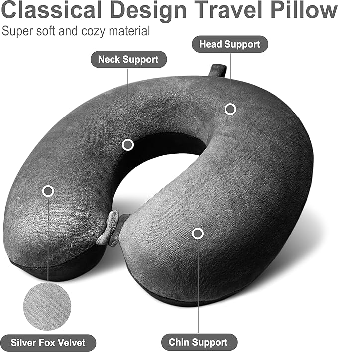 Neck Pillow for Airplane Travel, 100% Pure Memory Foam Travel Neck Pillow for Sleeping & Travel Essentials for Neck Rest, Deep Grey, Pack with Box
