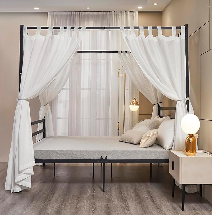 Mengersi Linen Canopy Bed Curtains for Twin,Full,Queen and King Size Bed,Bed Canopy Natural Blended Curtain Panels, 8 Panels Set (All Bed Sizes, White)