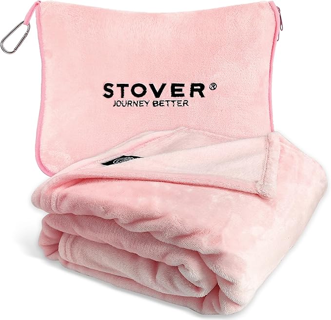 STOVER 2-in-1 Combo Airplane Travel Blanket & Pillow Bag- Lightweight, Compact, Packable, Warm Premium Fleece Set for Long Flights- w/Luggage Sleeve & Backpack Clip- for Men, Women & Families (Pink)