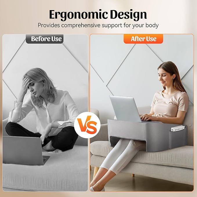 Reading Pillow for Gaming, Lap Desk Gaming Pillow with Side Pockets for Adult, 9.8° Slope, Ergonomic Arm Rest Pillow for Reading, Gaming, Working & Relaxing in Bed Couch Floor Sofa Car