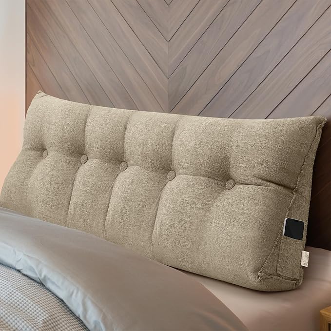 Wenqik Wedge Pillow Triangular Dorm Headboard Bed Rest Reading Backrest Back Support Long Bolster Pillow with Removable Cover for Dorm Room Supplies(Khaki Gray,Queen (59 x 20 x 8 Inch))