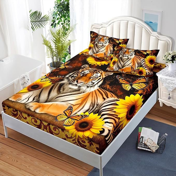 AILONEN Tiger Fitted Sheet Set Queen Size, Vintage Retro Boho Bed Sheet Set Sunflower Butterfly Sheet Set,3 Pieces Printed Teen Boys Tiger Fitted Sheet with 2 Pillowcases