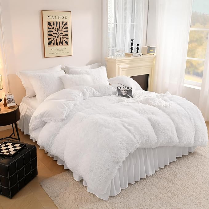 Litanika White Fluffy Comforter Queen, Luxury Plush Shaggy Fuzzy Bedding Set for Queen Bed, Ultra Soft Warm Velvet Comforter 3 Pieces(1 Faux Fur Comforter 90×90 Inch, 2 Pillowcases)