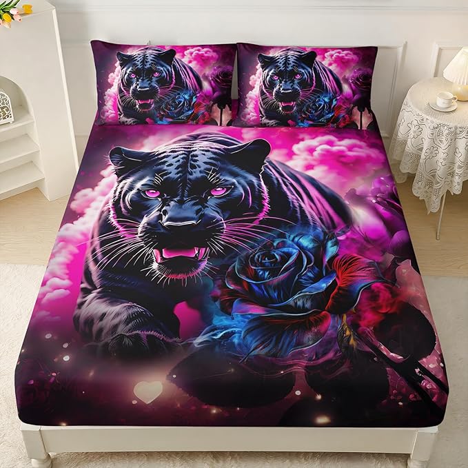 AILONEN Black Panther Fitted Sheet Set Full Size,Red Rose Romantic Smoky Lightning Leopard Print Bed Sheet Set,Safari Animal Cheetah Fitted Sheet and 2 Pillowcases,3 Pieces
