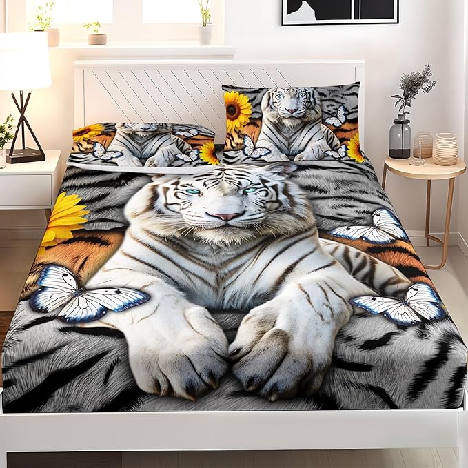 AILONEN Tiger Fitted Sheet Set Twin XL Size, 3 Pieces White Tiger Fur Printed Bed Sheet Set,Kids Boys Girls Sunflower Tiger Sheet Set,Butterfly Tiger Fitted Sheet with 2 Pillowcases