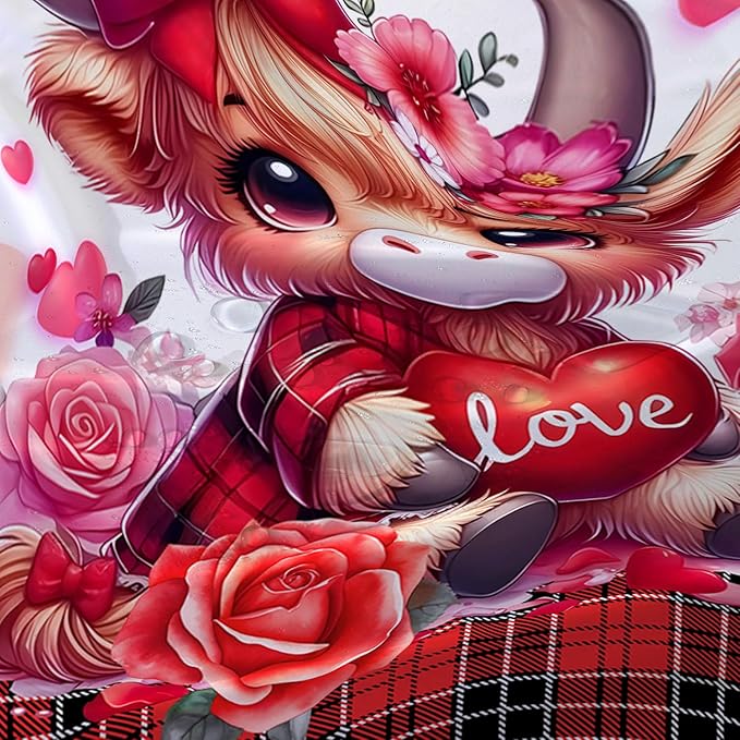 AILONEN Cartoon Yak Shower Curtain Set, Lovely Red Rose Cow Polyester Waterproof Shower Curtain for Bathroom,Love Scottish Tartan Theme Cloth Bath Curtain Set with Hooks,72" Wx96 H
