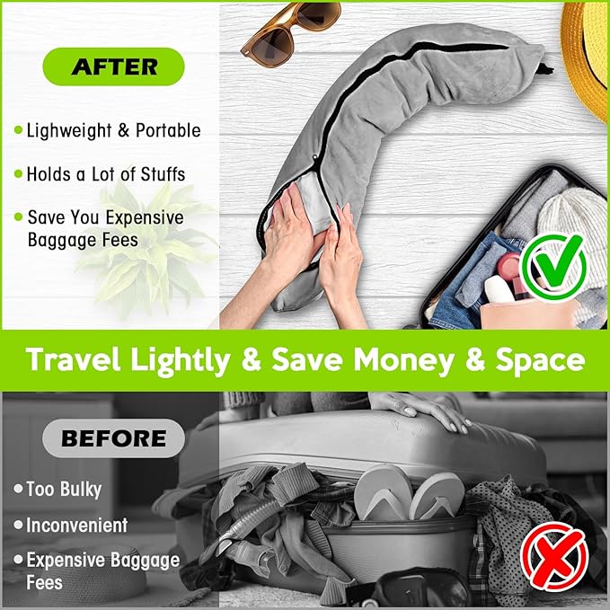 Travel Neck Pillow Stuffable with Clothes,Stuffable Neck Pillow for Traveling,Fillable Travel Neck Pillow Extra Storage Bag,Soft Velvet Neck Pillow Case Cover,Packable for Airplane Travel Essentials