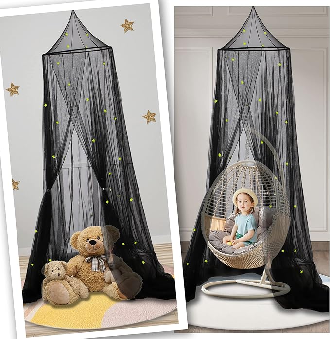 South to East Bed Canopy with Glowing Stars in The Dark, Black Bed Curtains for Kids Bed & Toddler Bed, Twin, Full & Queen Bed, Mosquito Net Canopy for Adult Bedoom, Easy to Install