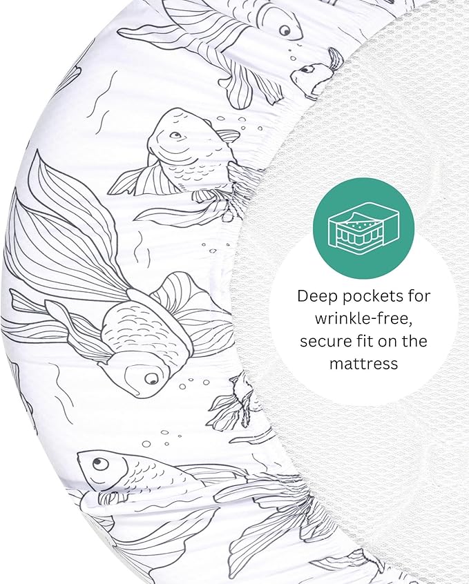 Bassinet Sheets for Ronbei, Baby Joy, Baby Delight Beside Me Dreamer, and Nordmiex Bassinet, 4 Pack, 33x20 Inch, Ultra Soft, Breathable Snug Fit, Unisex Boys Girls, Gray White (Ocean Fish Theme)