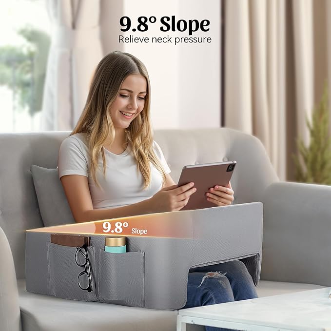 Reading Pillow for Gaming, Lap Desk Gaming Pillow with Side Pockets for Adult, 9.8° Slope, Ergonomic Arm Rest Pillow for Reading, Gaming, Working & Relaxing in Bed Couch Floor Sofa Car