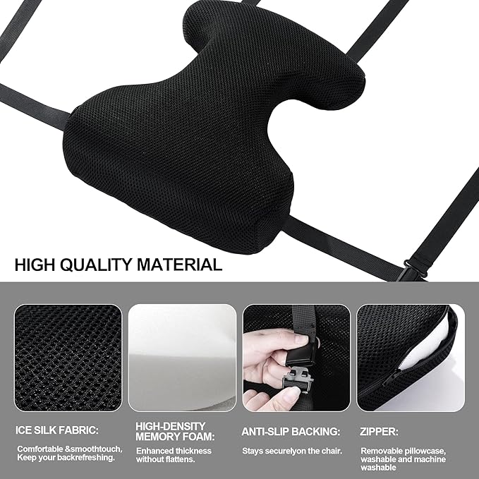 BALAPET Lumbar Support Pillow for Office Chair,Ergonomic Memory Foam Breathable I-Shape Back Pillow with Adjustable Straps,Full Back and shoulder Support for Improved Sitting Posture and Relief Pain