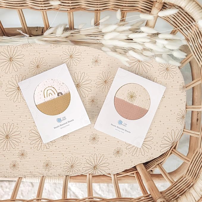 Muslin Bassinet Sheets Baby: Cotton Bassinet Sheets Fitted for Boys and Girls - Bassinet Sheets for Oval Rectangle or Hourglass Mattress(Sand Daisy)