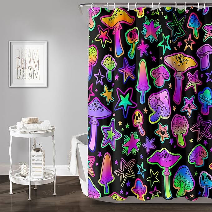 AILONEN Cute Mushroom Window Curtain for Kids,Star Purple Mushroom Curtain for Bathroom Decor,Gradient Mushroom Polyester Waterproof with 12 Plastic Hooks 36" W*72" H